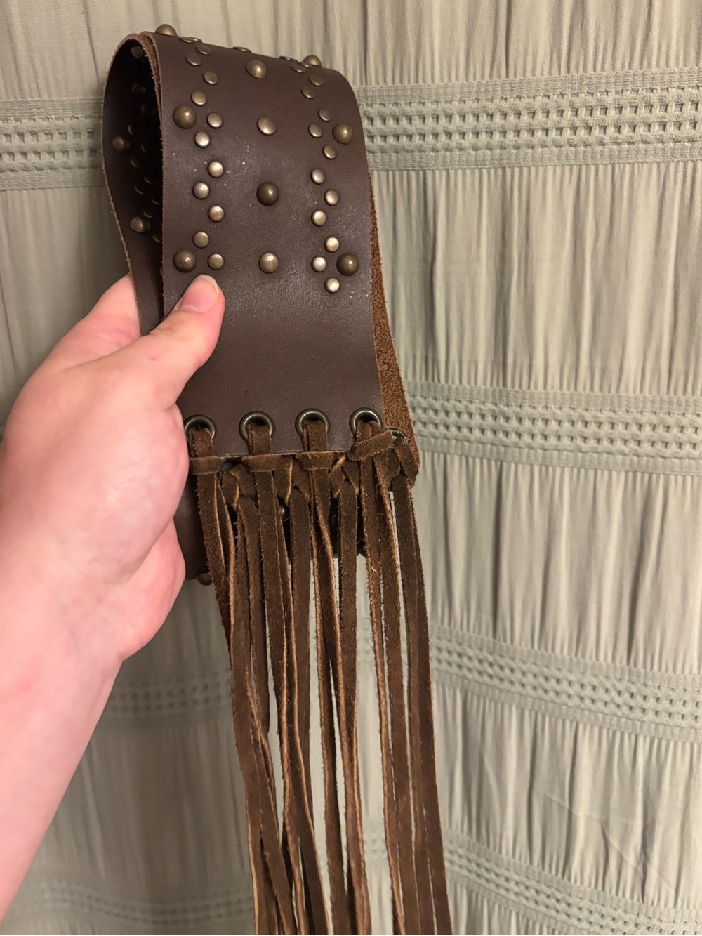 Brown Leather Studded Fringe Belt - 70 inches long